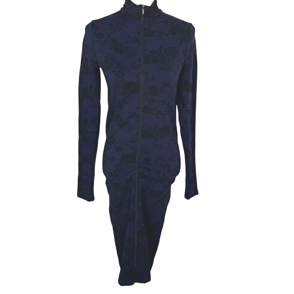WOLFORD Women's Small Navy Blue Black Floral Rose Zip Front Mock Neck Midi Dress